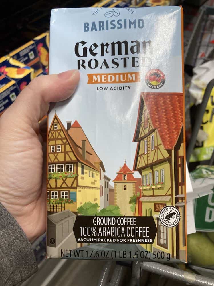 A bag of coffee that says German Roasted and has a picture of the Plonlein