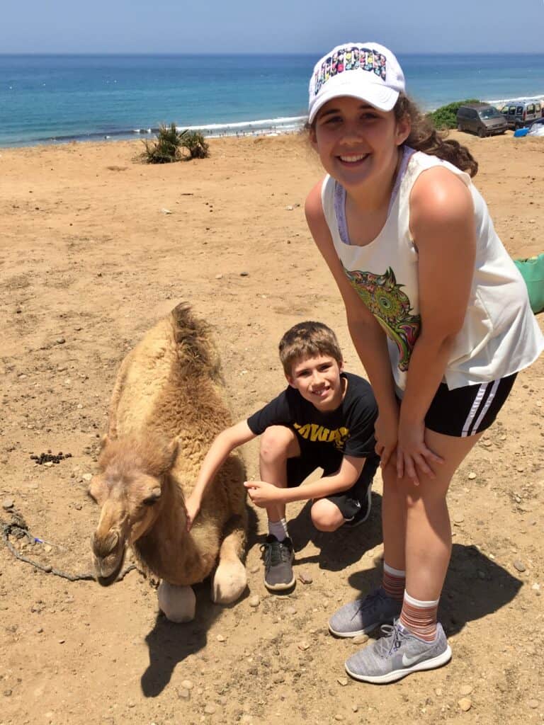 A young boy and girl with a camel