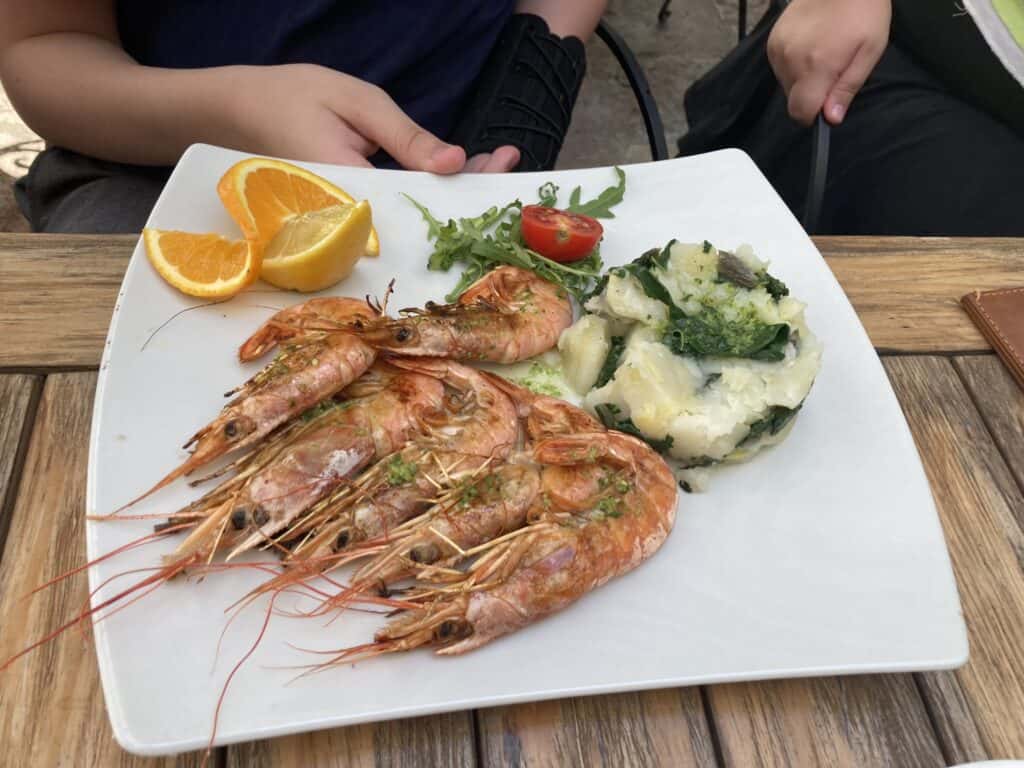 Large grilled shrimp with potatoes and an orange