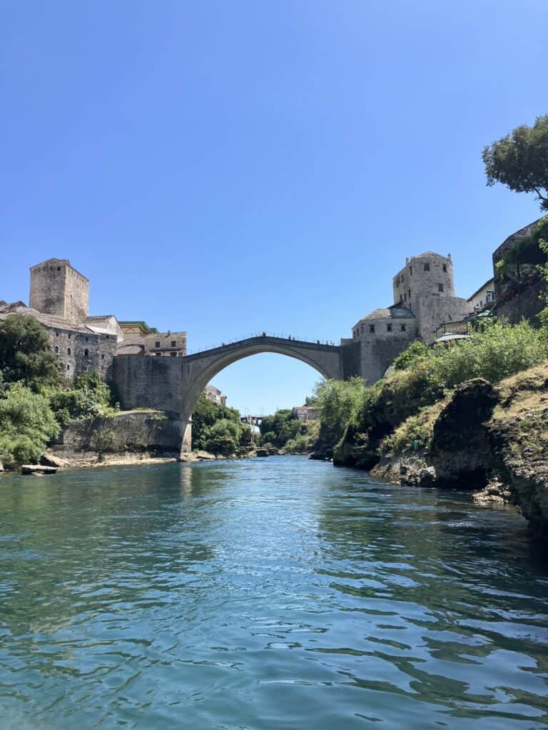 A view of Stari Most Bridge from the Neretva river, as seen from a raft