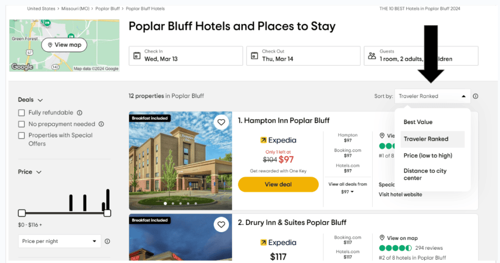 A screenshot of Tripadvisor hotel results