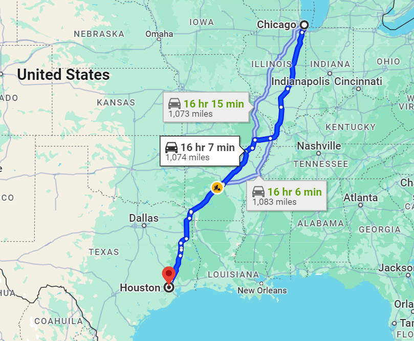 A map of a driving route from Chicago to Houston