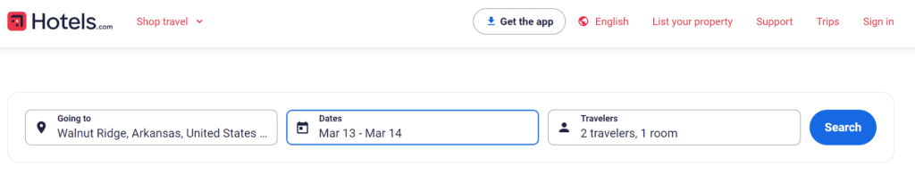 A screenshot of hotels.com
