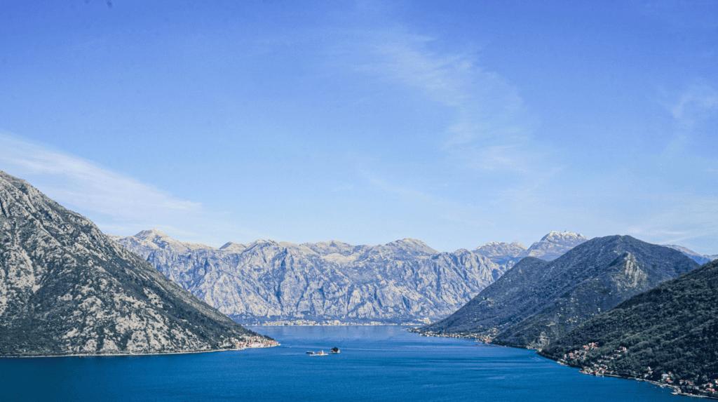 View of bay of Kotor with mountains surrounding it