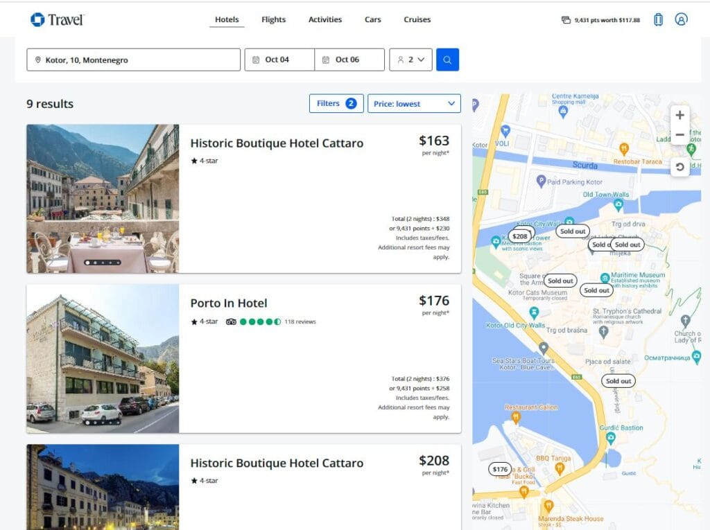 Screenshot of hotel prices in Kotor, Montenegro