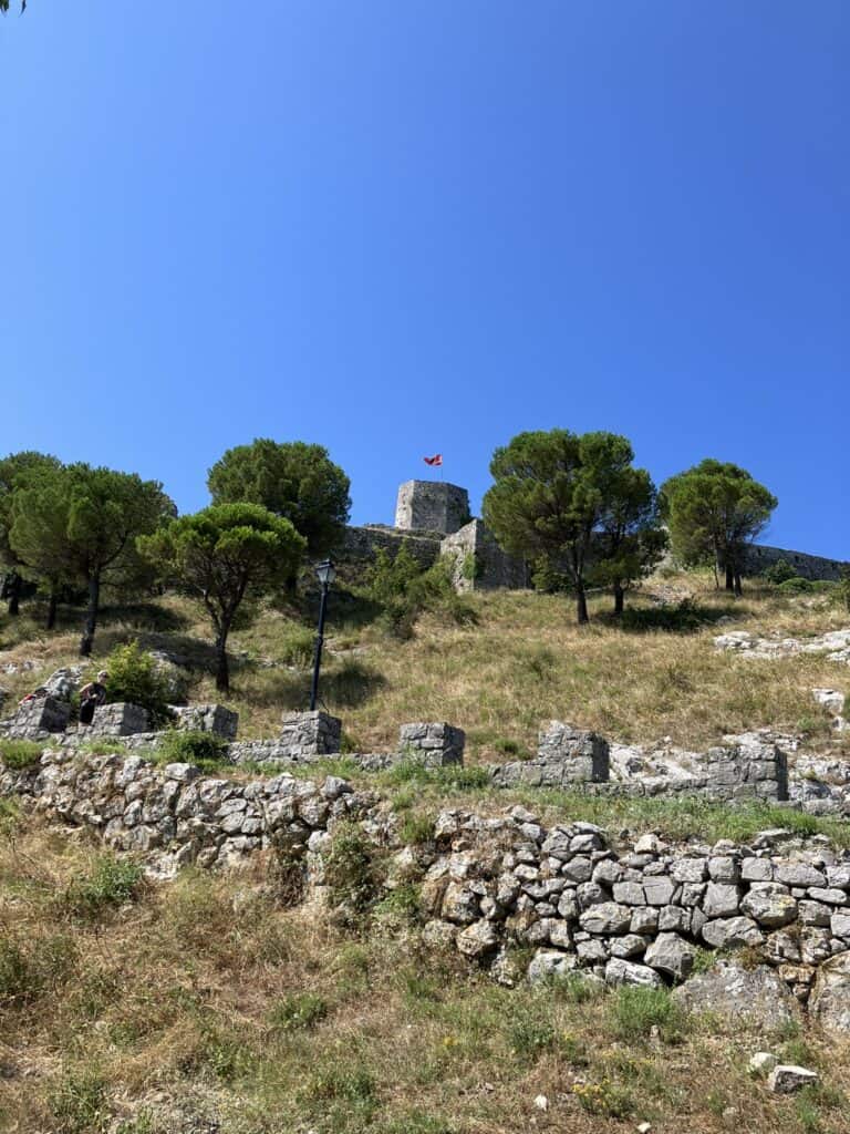 Looking at Rozafa Castle from the base of the hill