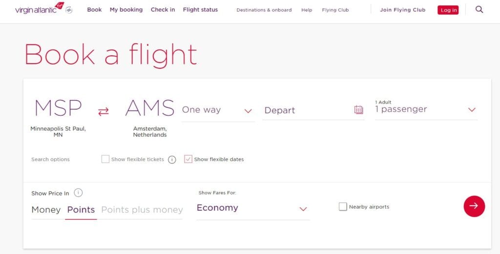 Virgin Atlantic booking page