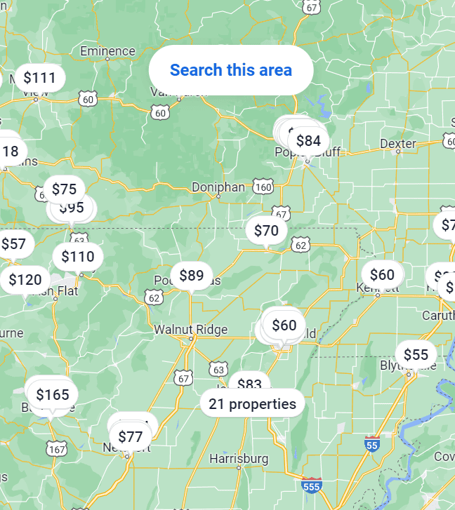 A map of hotel locations near Walnut Ridge, Arkansas