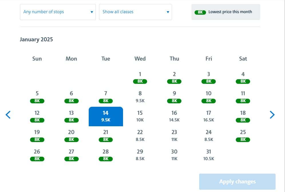 American Airlines award travel calendar for January 2025