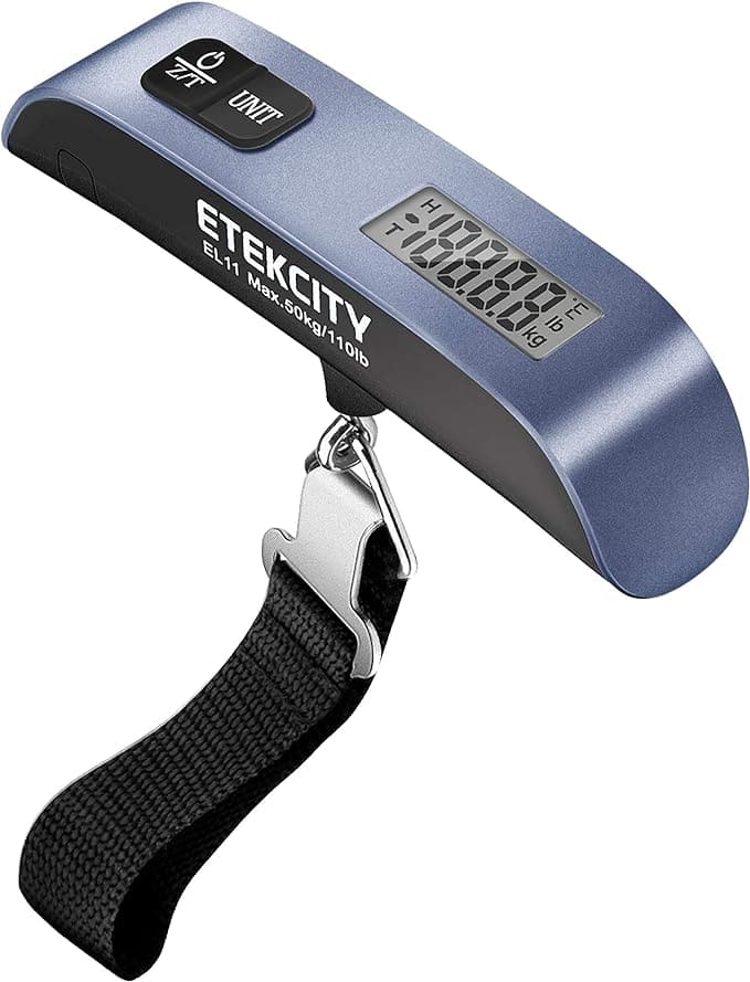 Luggage scale with the word "etekcity" on the front