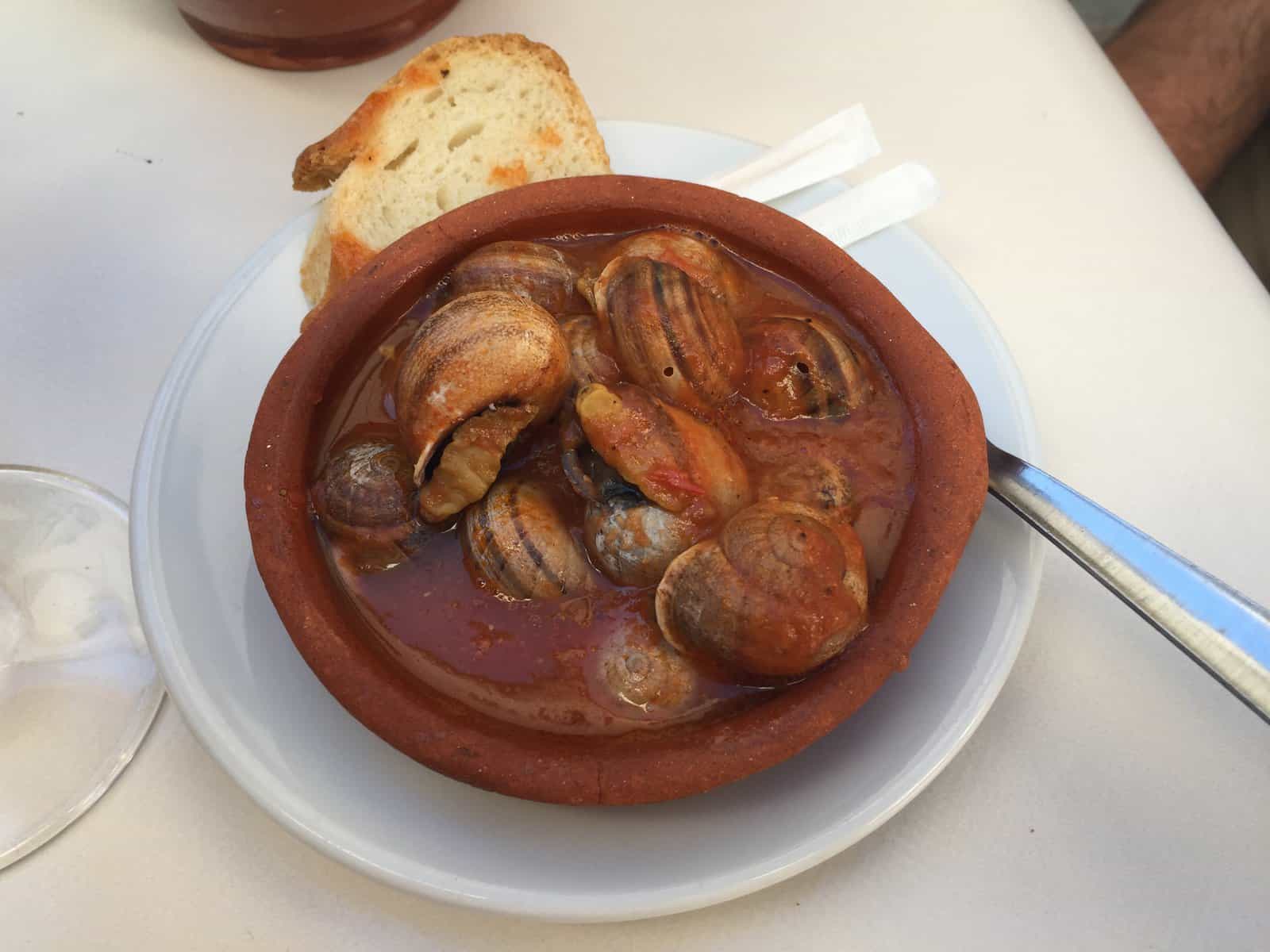 Escargot or snails in red sauce in Ronda, Spain