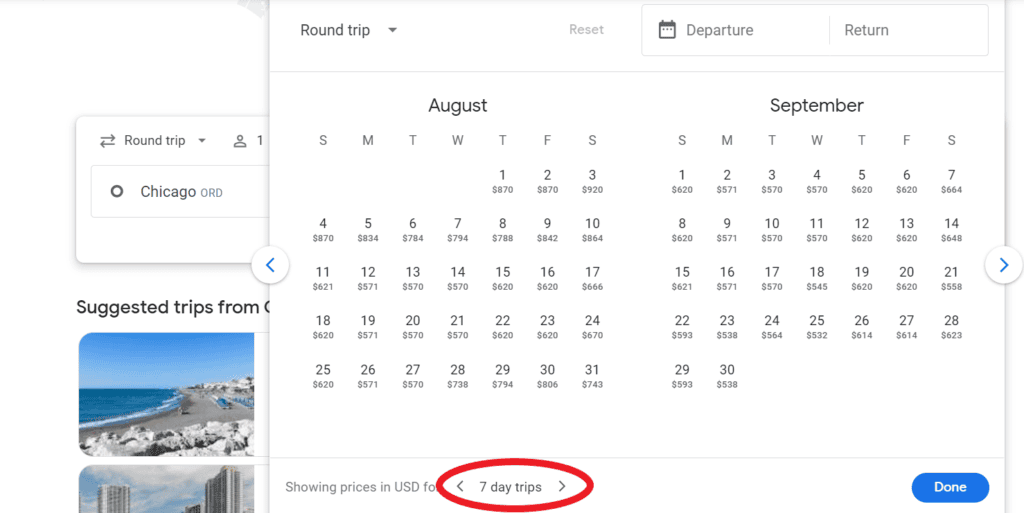 View of Google Flights calendar