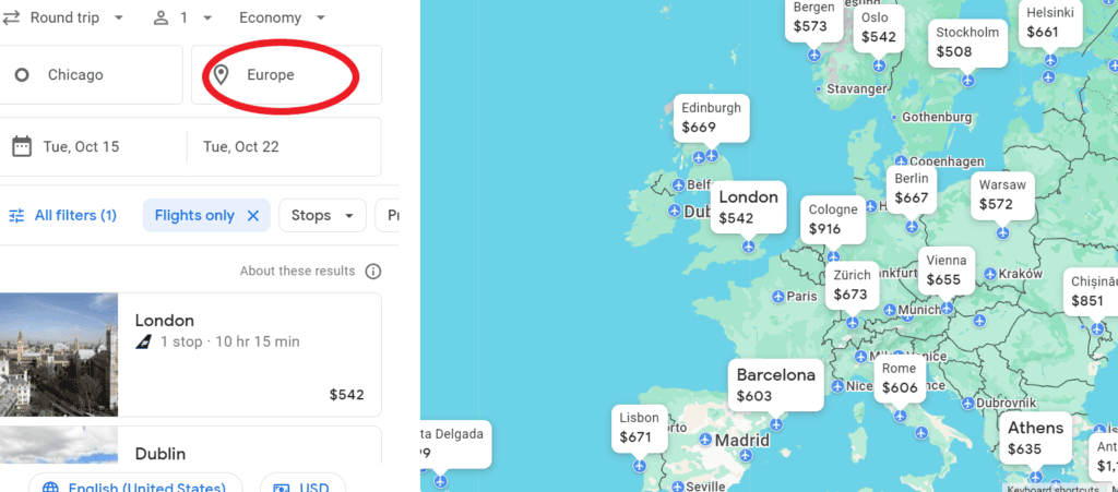 Map showing Google Flights prices between Chicago and Europe