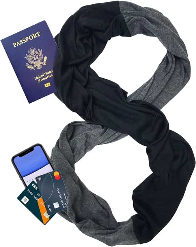 Black and gray scarf shown with a passport, cell phone, and credit cards