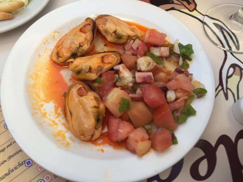 Plate of mussels and tomatoes in Spain