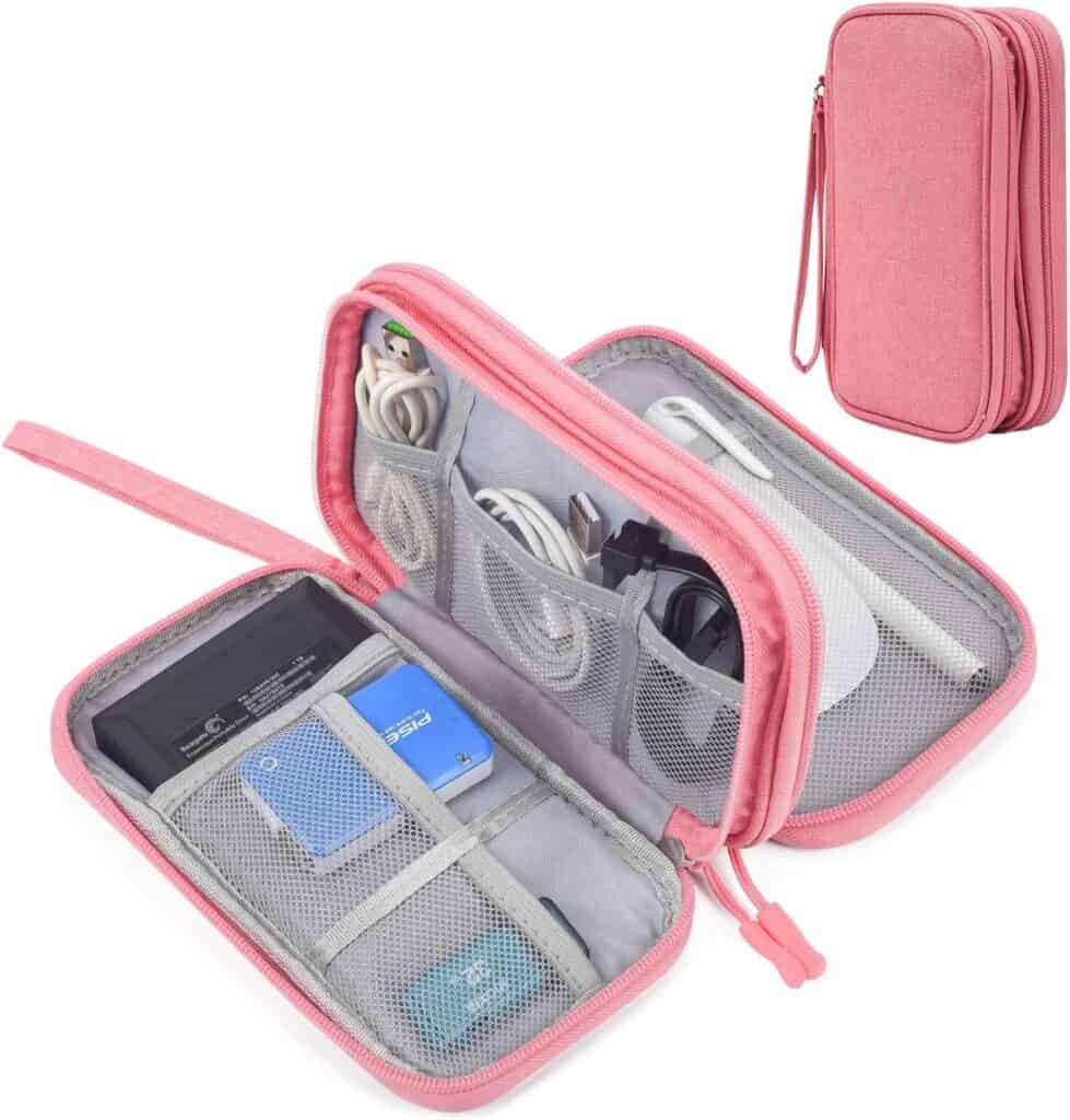 pink pouch shown with cords and charger cables