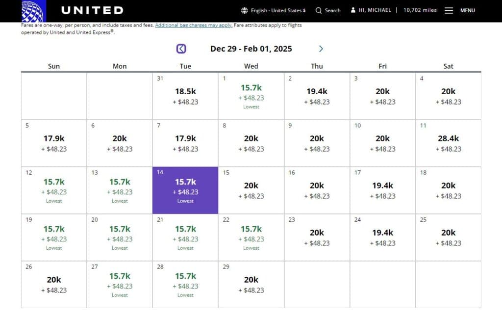 United Airlines award travel flight calendar for January 2025