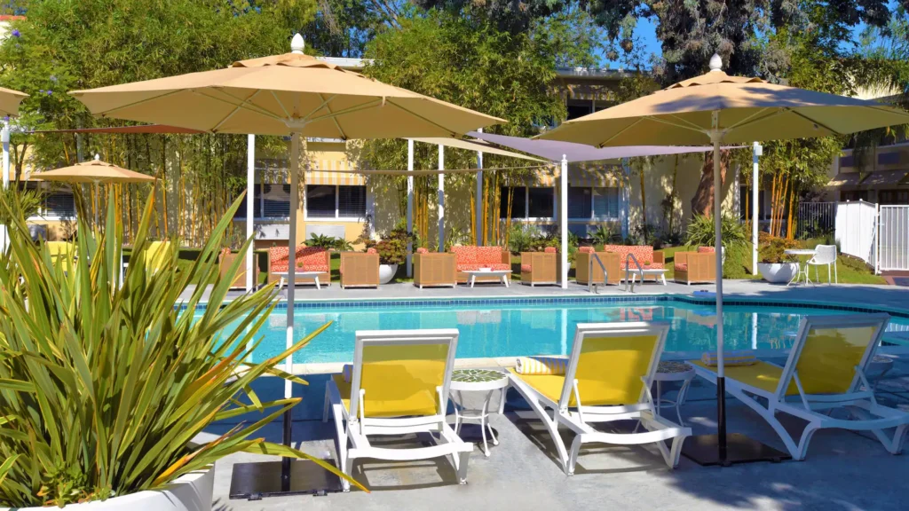 Chairs and umbrellas around a swimming pool