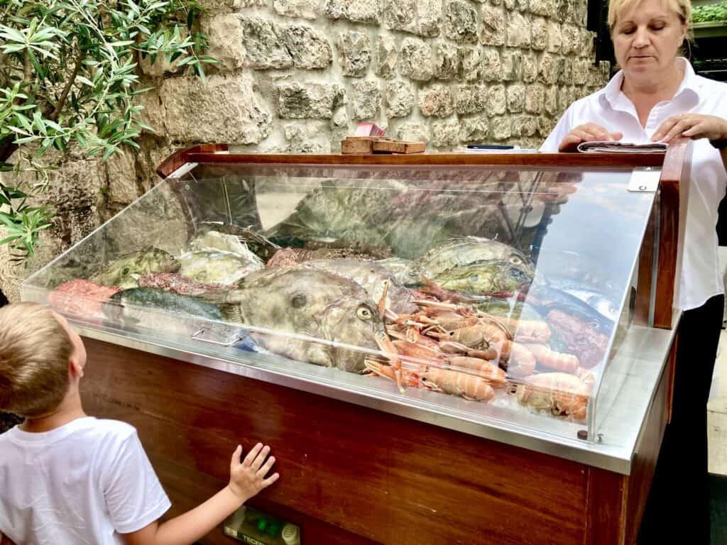 Case full of fish and other seafood in Trogir, Croatia