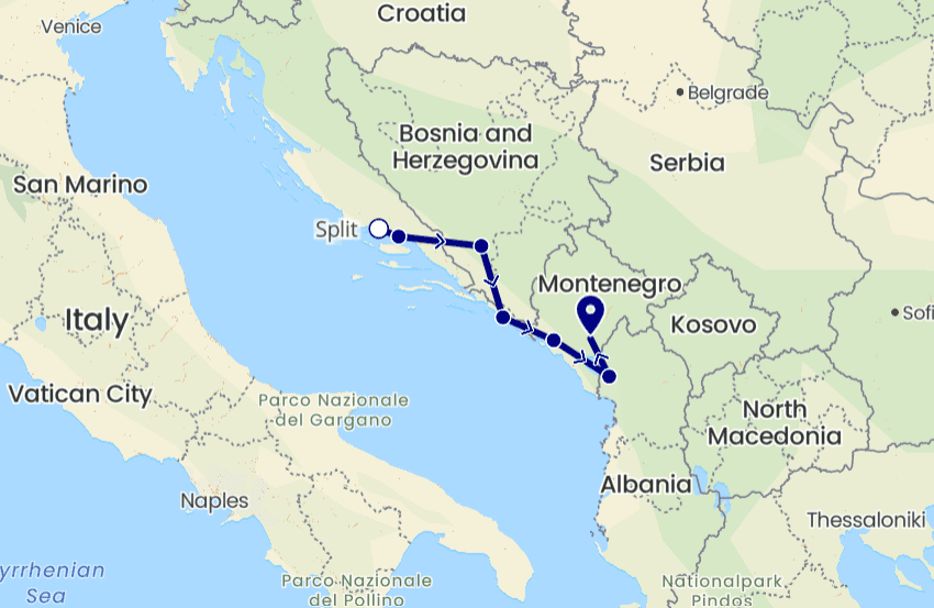 Map showing an itinerary beginning in Croatia, going through Bosnia, Montenegro, and Albania, and ending in Podgorica, Montenegro