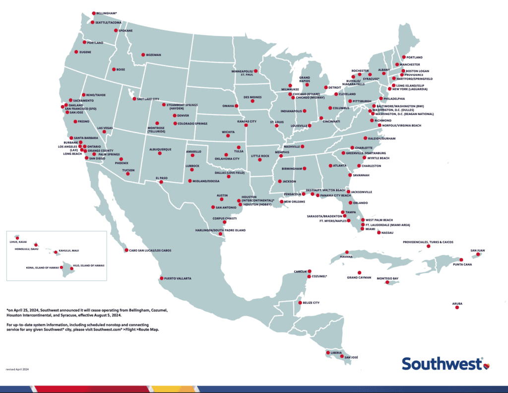 Map of Southwest Airlines flight destinations