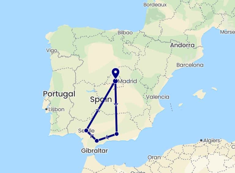 Map showing a ten day itinerary in Spain, starting and ending in Madrid