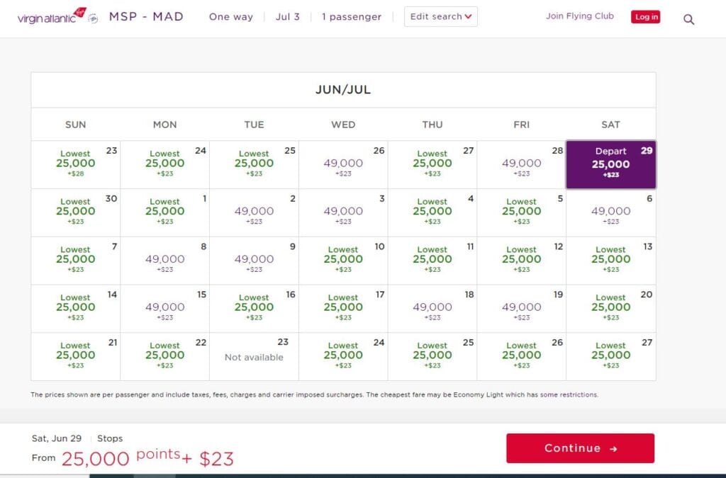 Virgin Atlantic's points calendar between Madrid and Minneapolis