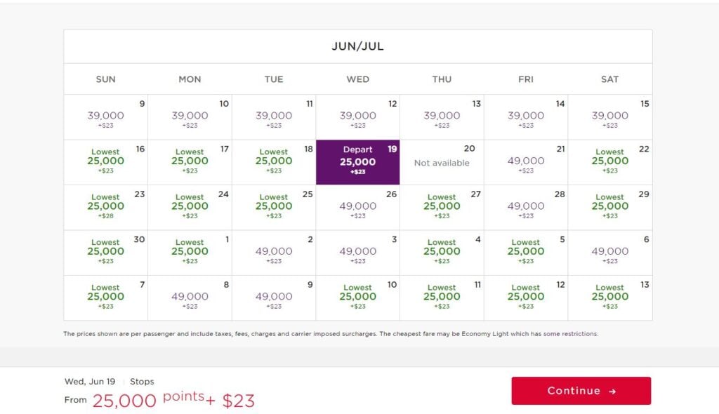 Virgin Atlantic's points calendar between Minneapolis and Madrid