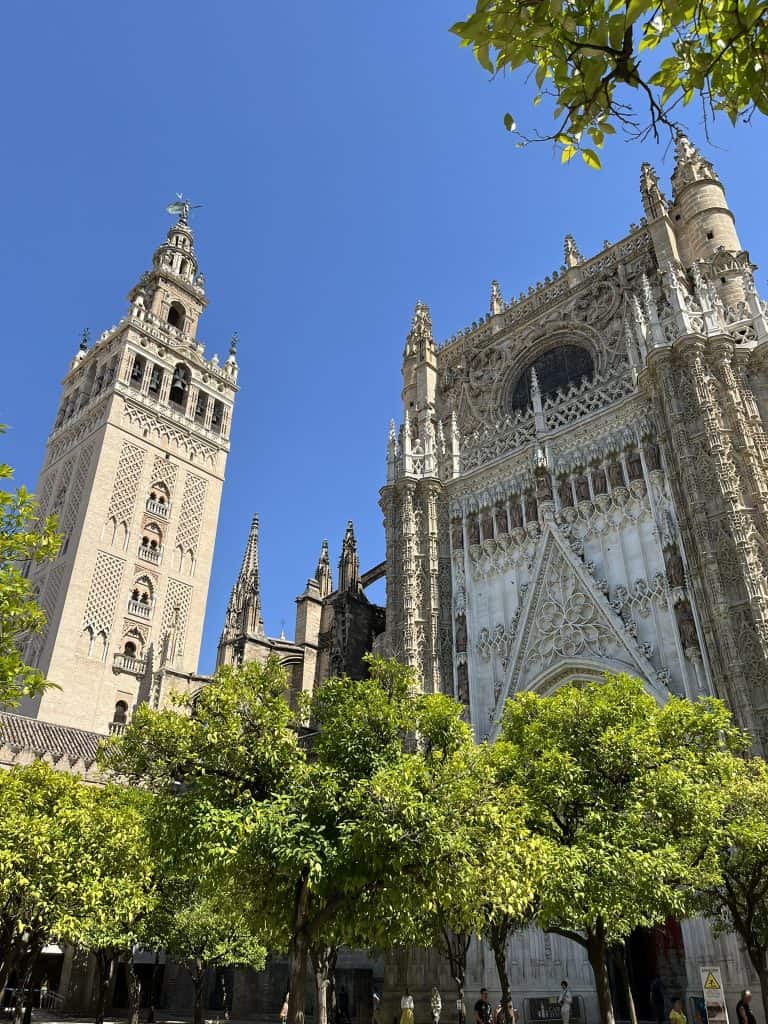 View of exterior of Seville Cathedral and La Giralda