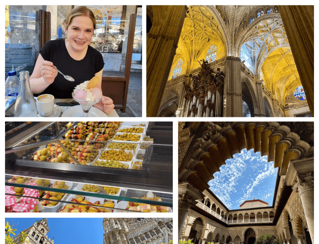 Woman eating ice cream, interior of Seville cathedral and alcazar, olives in a market